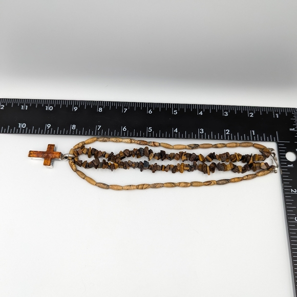 Amber Cross Sterling Silver On Tiger's Eye Chips & Jasper Bead Necklace Vintage - Picture 15 of 15